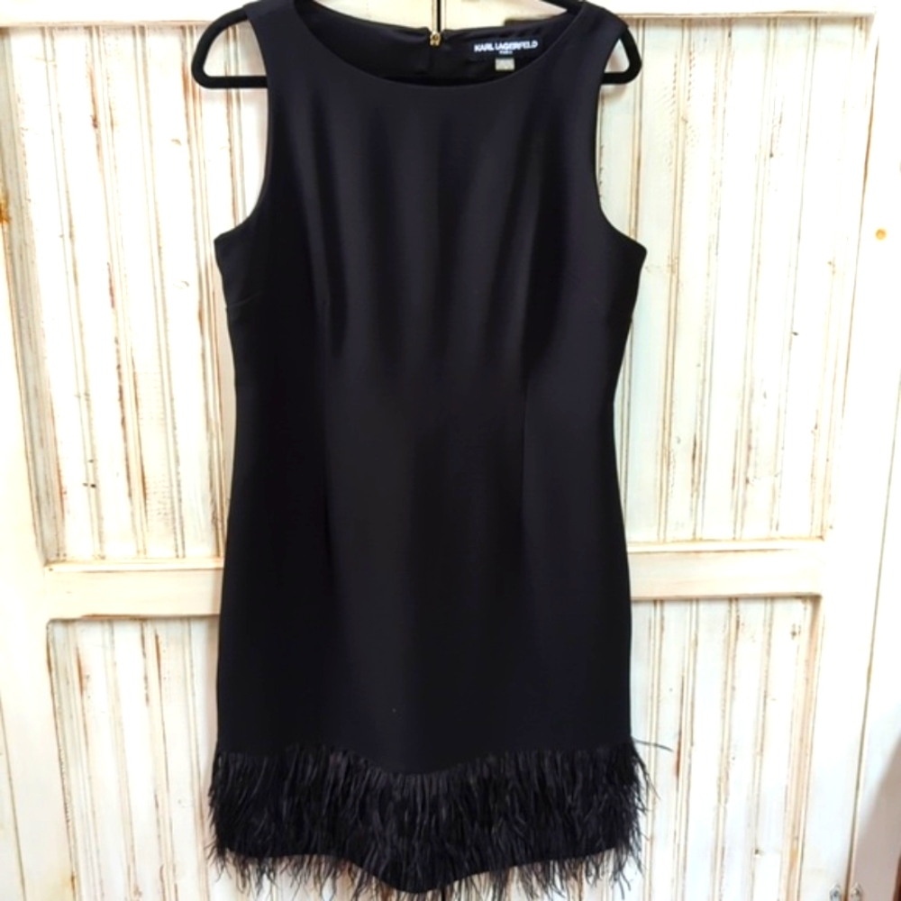 Karl Lagerfeld sleeveless black shell dress with unique fur trim. 12
